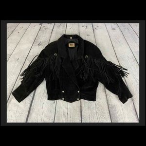 Vintage Women's Black Suede Fringe Leather Silver Concho Jacket Size M